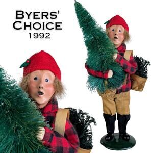 Byers' Choice Caroler 1992 Boy w/ Pine Tree and Basket Red Plaid Coat Vintage